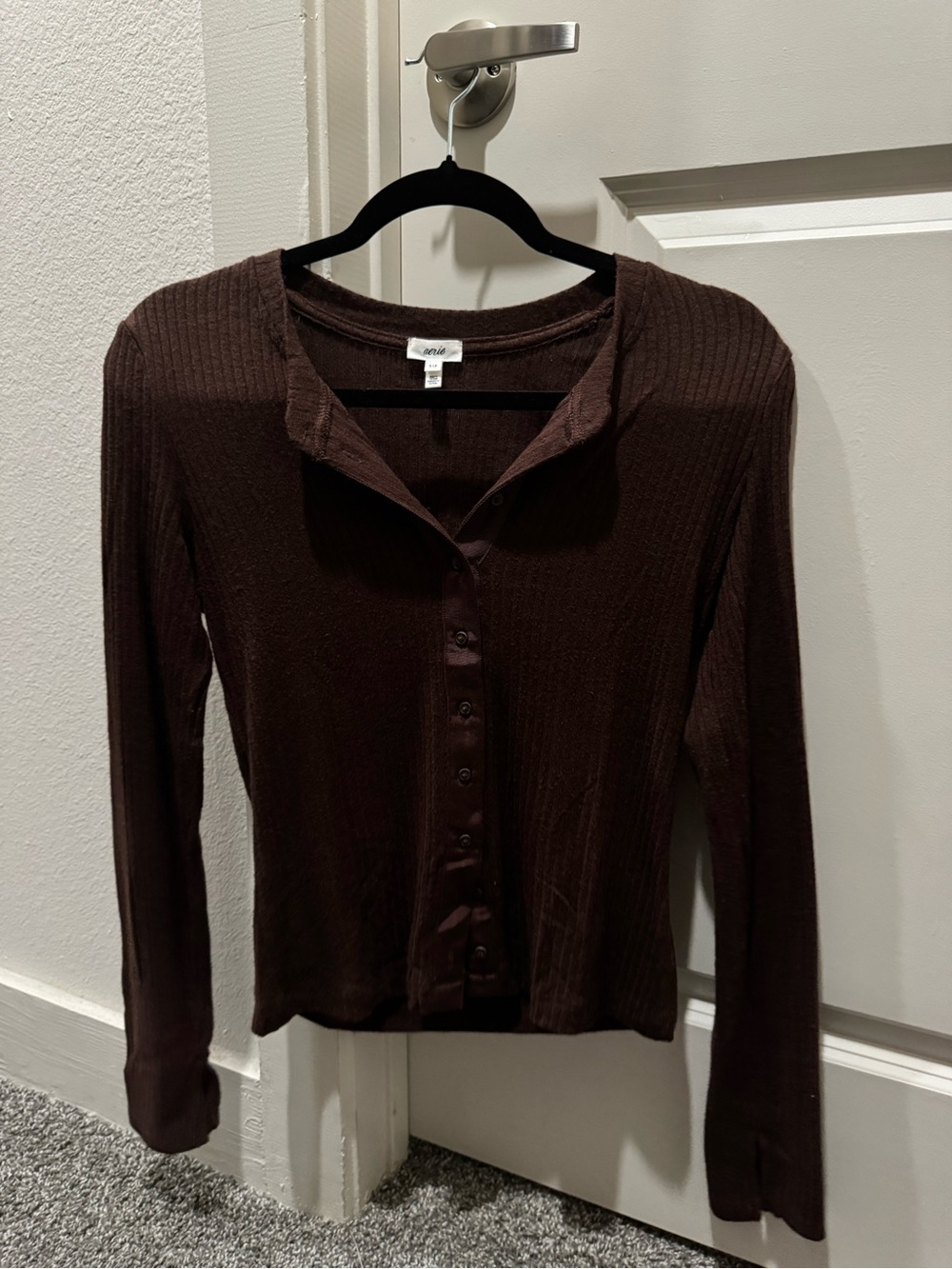 Aerie Ribbed Button-Front Long-Sleeve Top in Dark Brown